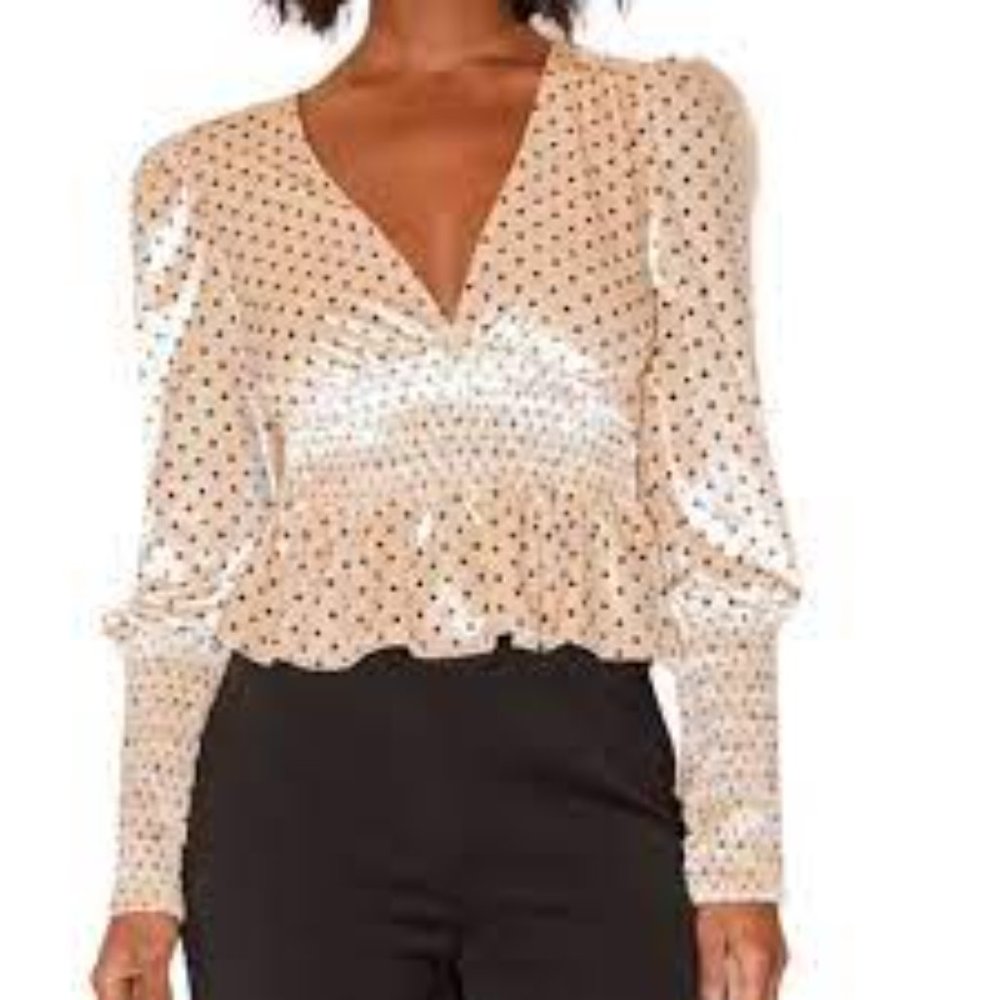 LULU’S Chic Upgrade Cream Black Polka Dot Velvet VNeck Smocked Hem Sleeves XL